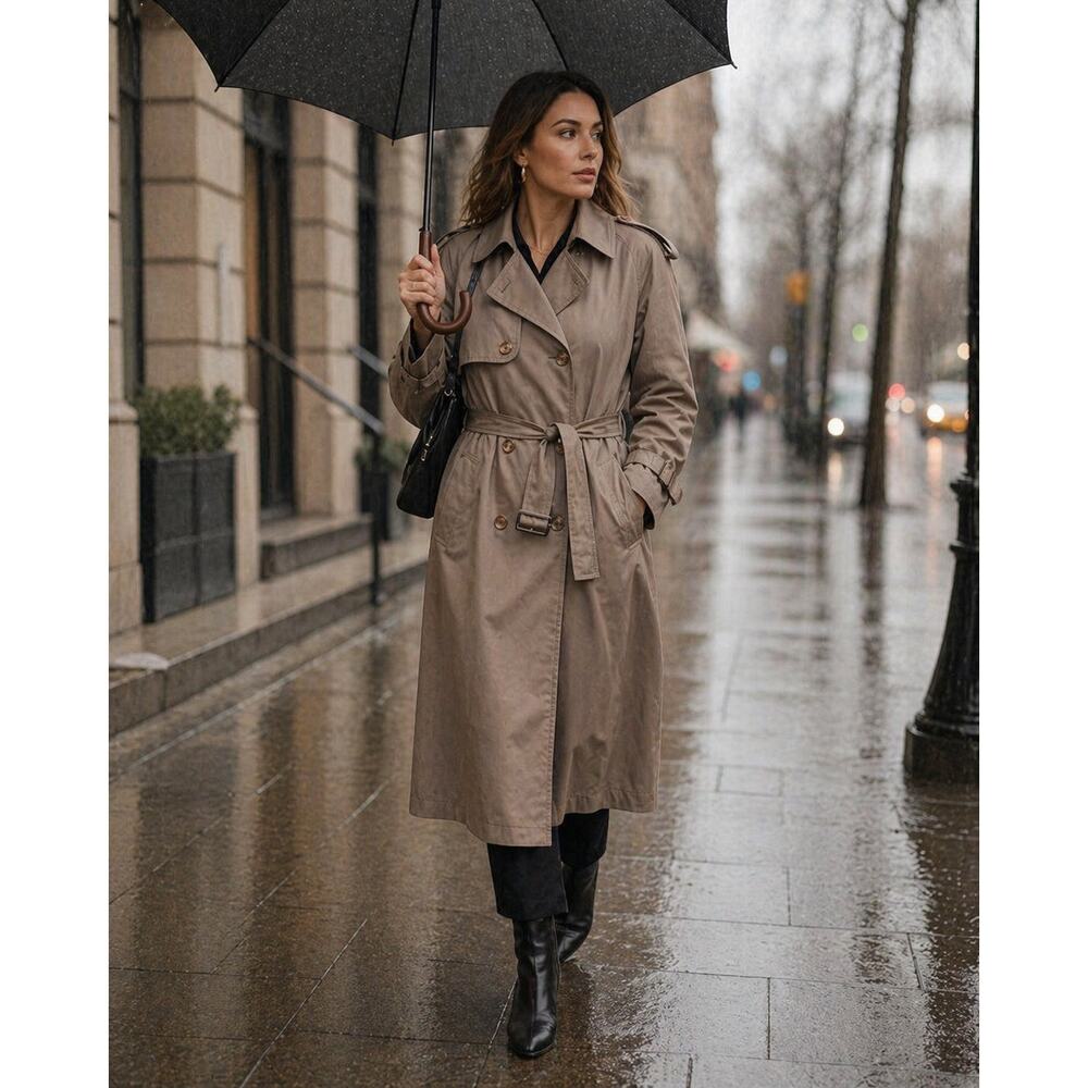 Brem Rainwear Trench Coat 16P Beige Belted Double Breasted Wool Lined Petite